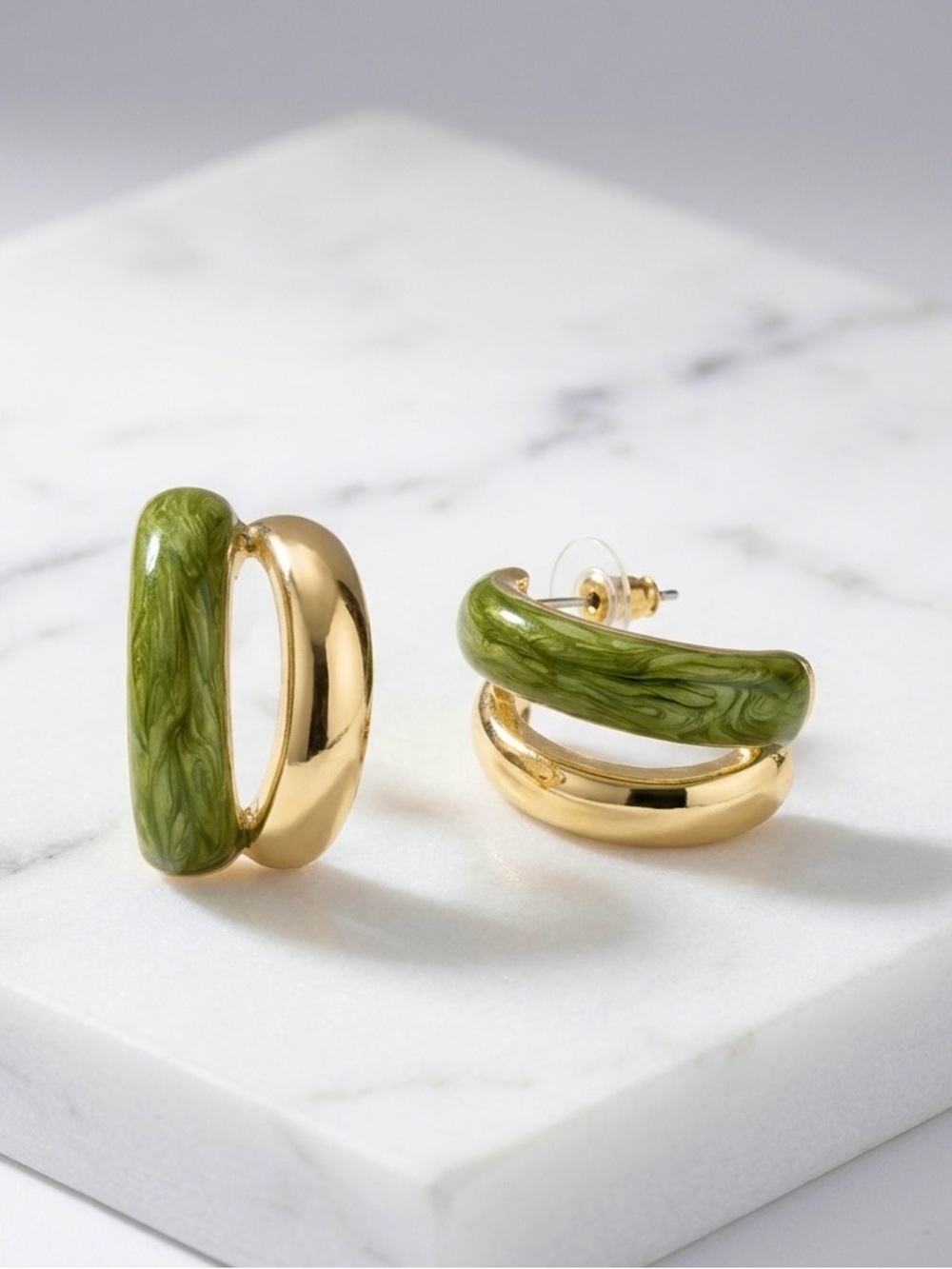 14K Gold Plated Double Band C Shape Earrings | Green Enamel & Polished Statement